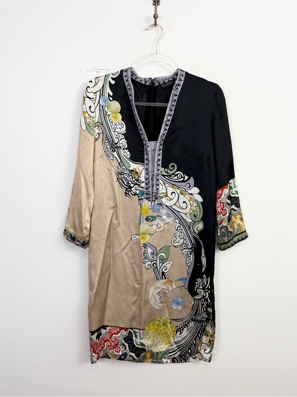 Etro Silk Blend Printed Shift Dress Size 42 Italian Black Beige Floral Paisley